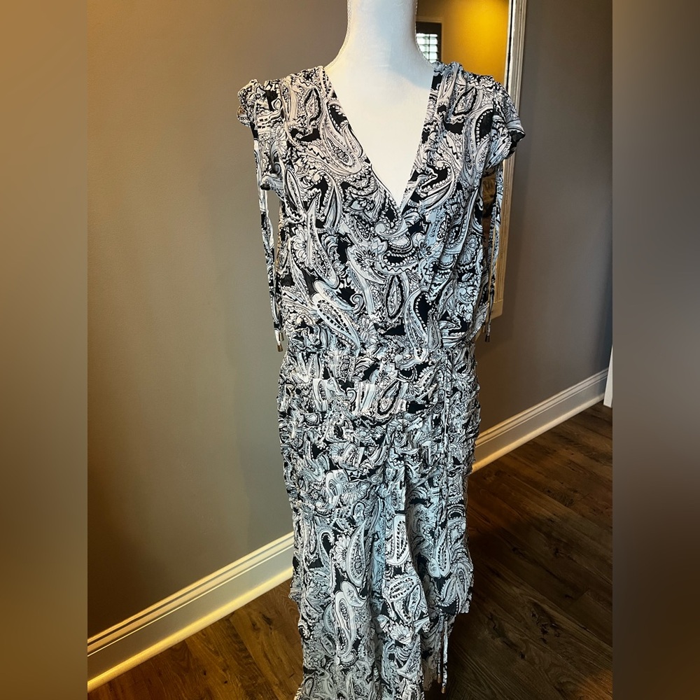 Tahari ASL Print Ruched Maxi Dress Black Ivory